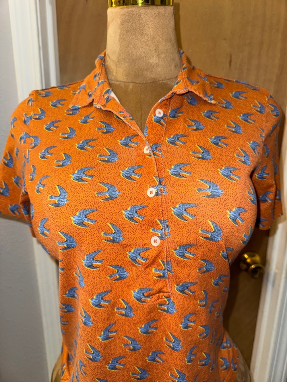 Tory Sport Orange Polo W/blue Sparrow Birds, Tory Burch, Tennis, Golf M - Picture 2 of 10
